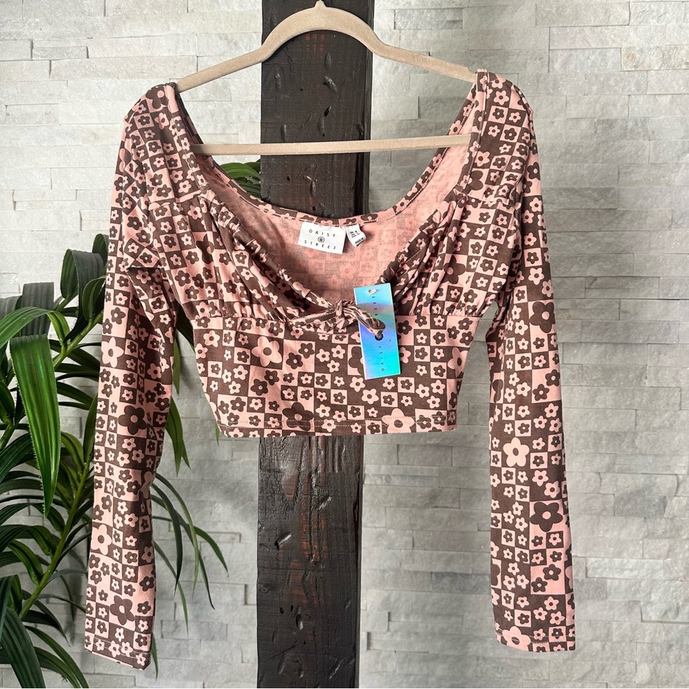 DAISY STREET Y2K 90’s Floral Checkerboard Crop Long Sleeve Top Size S NWT